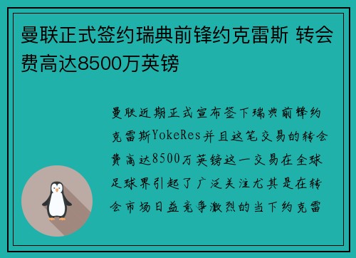 曼联正式签约瑞典前锋约克雷斯 转会费高达8500万英镑