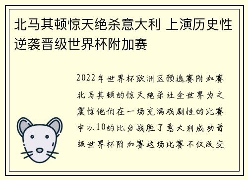 北马其顿惊天绝杀意大利 上演历史性逆袭晋级世界杯附加赛